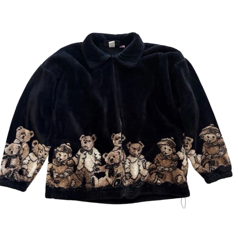 Vtg Cobblestone Canyon Fleece Jacket Womens XL Black Teddy Bear Tapestry Print